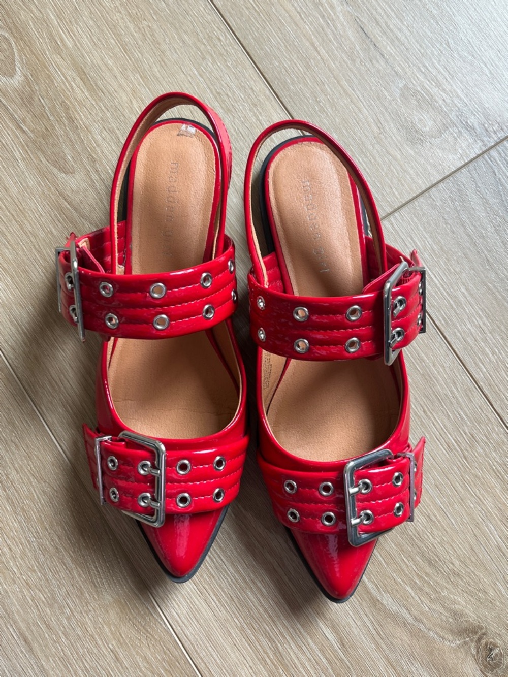 Madden Girl Red Patent Pointed-Toe Slingback Flats with Buckles